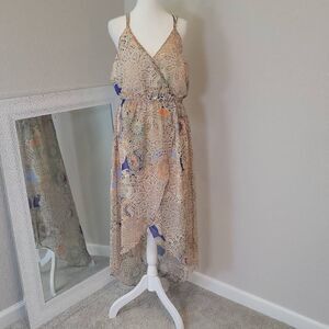 Miss Me Beige Lace Midi Dress with Blue and Orange Accents
